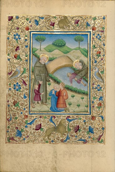 Saint Bernardino of Siena Rescuing Boys from a River; Book of Hours, about 1460. Creator: Unknown.