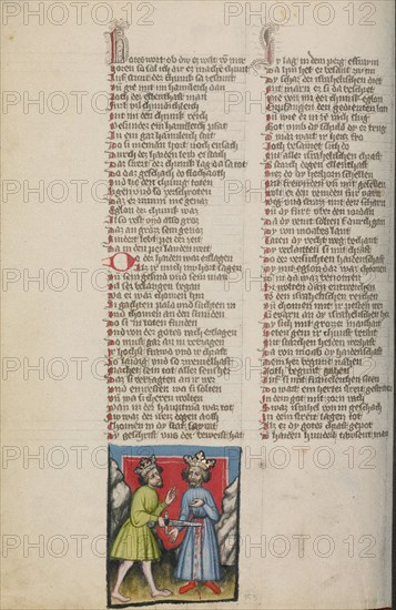 Ehud Killing Eglon; Weltchronik, about 1400-1410. Creator: Unknown.