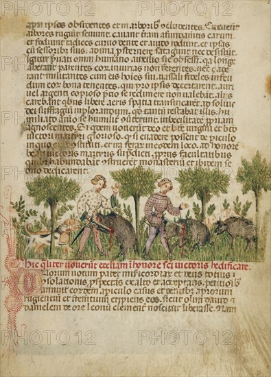 Aimo and Vermondo Killing Two Wild Boars, about 1400. Creator: Anovelo da Imbonate.
