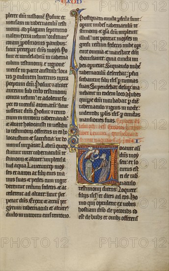 Initial V: God Speaking to Moses from a Tower; Marquette Bible, about 1270. Creator: Unknown.