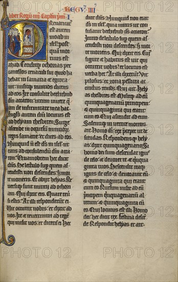 Initial P: Ahaziah Tumbling from a Window; Marquette Bible, about 1270. Creator: Unknown.