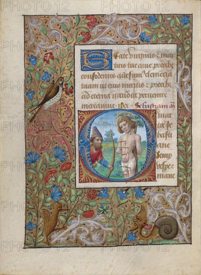 Initial O: Saint Sebastian; Book of Hours, about 1480-1490. Creator: Georges Trubert.