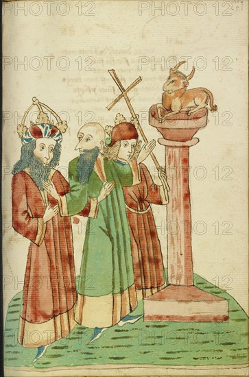King Avenir, Josaphat, and Nachor Behold the Golden Calf; Barlaam und Josaphat, 1469. Creators: Hans Schilling, Diebolt Lauber.