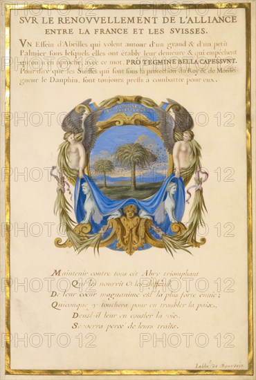 Escutcheon with a Landscape; Three Emblems for Louis XIV, about 1663-1668. Creator: Jacques Bailly.