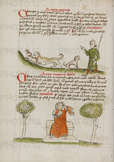 A Dog Biting a Hare and A Hunter Speaking to the Dog: A Man..., third quarter of 15th century. Creator: Unknown.