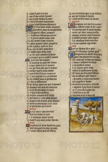 Three Men Cast to the Ground as the Castle of Generosity Collapses; Roman de la Rose, about 1405. Creator: Unknown.