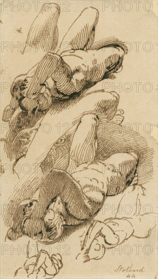 Sketches of a reclining male nude, (c1800?). Creator: Thomas Stothard.