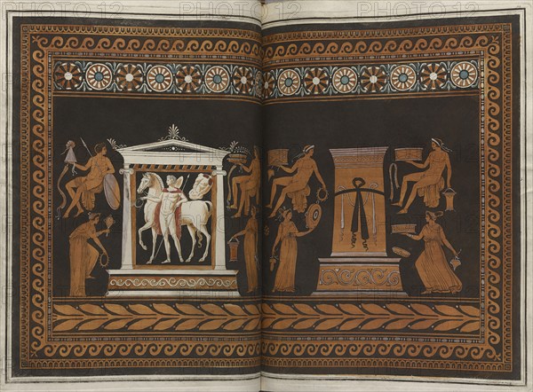 The Hamilton Vase: Colour plate of youth in a temple, stele and eight youths, 1766 [-1767].  Creator: Unknown.