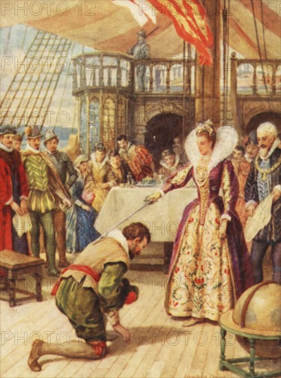 'Francis Drake being knighted by Queen Elizabeth', c1900. Creator: Howard Davie.