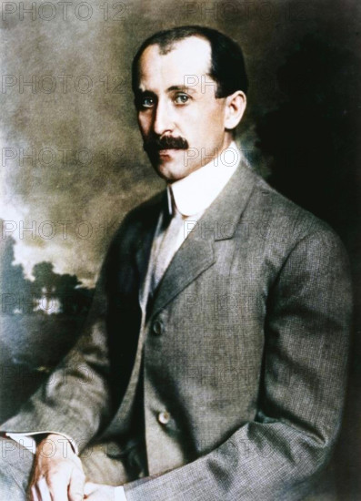 Orville Wright (1871-1948), American aeronautical pioneer, younger of the Wright brothers. (Colorised black and white print).