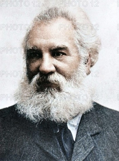 Alexander Graham Bell (1847-1922), Scottish-born American inventor who patented the telephone in 1876. (Colorised black and white print).