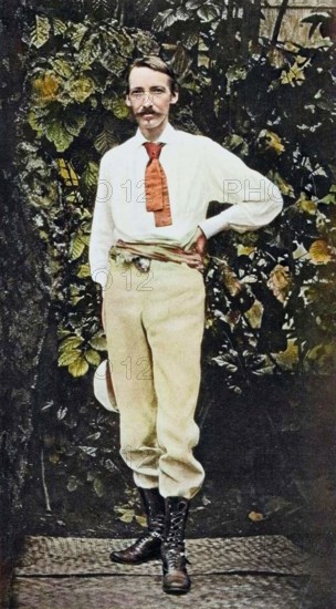 Robert Louis Stevenson, in Samoa, c1890. Stevenson (1850-1894) Scottish author and poet. In search of health, in 1889 he settled with his family at Vailima in Samoa. (Colorised black and white print).