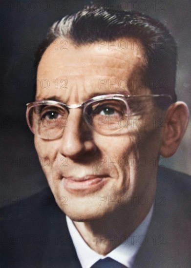 Frederic Joliot, French physicist. Joliot (1900-1958) became assistant to Marie Curie in 1925. In 1926 he married Marie's daughter Irene and in 1935 shared with her the Nobel prize for Chemistry for their work on the synthesis of new radioactive elements. (Colorised black and white print).