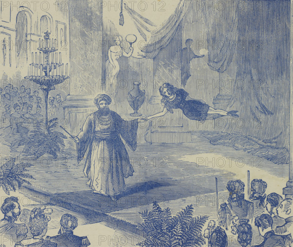 Fakir of Oolu and his Beautiful Entranced Girl, 1873. Illustration of Alfred Silvester, who performed under the stage name 'Fakir of Oolu' and pretended to be an Indian mystic in turban and full robes. He performed illusions such as the aerial suspension depicted here.