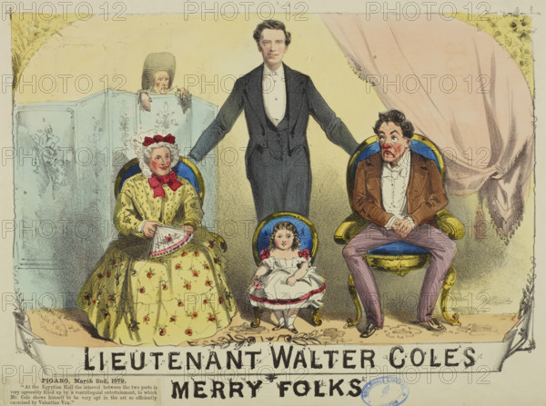Lieutenant Walter Coles Merry Folks, 1872. 'At the Egyptian Hall the interval between the two parts is agreeably filled up by a ventriloquial entertainment, in which Mr. Cole shows himself to be very apt in the art so efficiently exercised by Valentine Vox'. Coles was a ventriloquist who used his abilities to make various characters speak during the show.