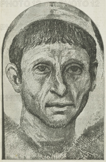 An Egyptian portrait on display at the Egyptian Hall, Piccadilly, 1888. Depiction of funerary portrait paintings on wood coffins found in Roman Egypt. This painting was removed by British archaeologist William Matthew Flinders Petrie, during his excavations at the Egyptian site of Fayum during the 1880s. This funerary portrait was on display at the Egyptian Hall in London.