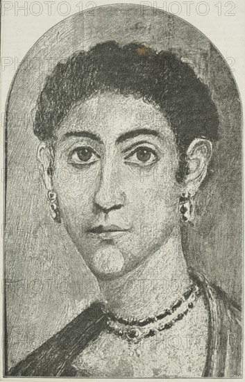 An Egyptian portrait on display at the Egyptian Hall, Piccadilly, 1888. Depiction of funerary portrait paintings on wood coffins found in Roman Egypt. This painting was removed by British archaeologist William Matthew Flinders Petrie, during his excavations at the Egyptian site of Fayum during the 1880s. This funerary portrait was on display at the Egyptian Hall in London.