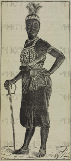 The 'Famous Amazons' - performances at the Crystal Palace, 1880. Illustration from an advertisement for 'Natives of Dahomey'. Depicted is an African woman wearing clothes and headdress decorated with cowrie shells and feathers, leaning on a sword. As European awareness of Africa developed in the 19th century, entrepreneurs exploited communities for their own gain. In 1893, over fifty Africans were 'exhibited' at the Crystal Palace in south-east London, including what the advert describes as 'a regiment of women warriors' known as 'The Famous Amazons', who were actually from modern-day Benin.