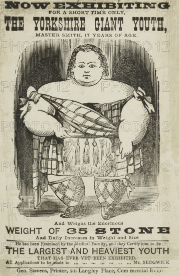 Master Smith, The Yorkshire Giant Youth, at the Agricultural Hall in Islington, 1873. 'Now Exhibiting for a Short Time Only, the Yorkshire Giant Youth, Master Smith, 17 Years of Age, And Weighs the Enormous Weight of 35 Stone And Daily Increases in Weight and Size. He has been Examined by the Medical Faculty, and they Certify him to be The Largest and Heaviest Youth that has Ever Yet Been Exhibited'. Advertisement featuring a severely overweight teenager. There have been showmen as long as there have been crowds to profit from. They have exhibited all kinds of people, animals and objects for education and popular entertainment. Showmanship in the 19th century was a hard business. People and animals with unusual characteristics were ruthlessly exploited and there was little care for them once they lost their popularity with the audience.