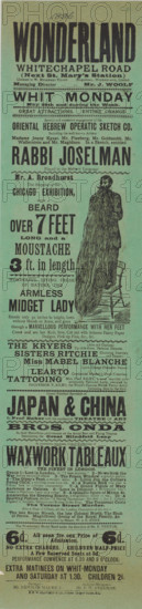 The seven-foot beard and three-foot moustache, 1896. 'Mr. A. Broadhurst, The Surprise of the Chicago Exhibition, with a Beard over 7 Feet Long and a Moustache 3 ft. in length'. Other 'attractions' on display include: 'the Oriental Hebrew Operatic Sketch Co.; Wonderful Living Freak of Nature, the Armless Lady; The Kryers...Up-side-down Pedestal Dancers; Miss Mabel Blanche, Quick Change Character Dancer; Learto, Continental Musical & Vocal Comedian; Tattooing - Miss Flo Riley, a most beautiful and artistically Tattooed Lady...Grand Nautical Spectacle of Japan & China; Bros. Onda In their Marvellous performance on the Aerial Bars and Flying Trapeze; At enormous expense, Grand Collection of Waxwork Tableaux, the Finest in London'. Advertising bill for Wonderland, 100 Whitechapel Road. Opened in 1896, Wonderland was originally a music hall but also became a well-known boxing hall. It burned down in 1911 and was later rebuilt as a cinema, the Rivoli.