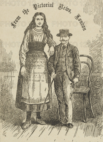 Russian giantess, Miss Elizabeth Lyska, performing at the South London Palace, 1889. Advertisement from the "Pictorial News", London.