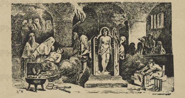 Chamber of Horrors, late 19th century. 'The Panopticum is a Museum where you find the Art of the Sculptor incarnate giving to the workmanship of the figures an appearance of living reality. The Ceroplasty (ie waxwork) figures have the appearance and countenance of living pictures. The Second Gallery represents The Awful Tortures of the Inquisition, with the Authentic Instruments of that Dreadful Institution. Chamber of Horrors - A Collection of French Criminals for the last ten years'. Illustration from an advertisement for attractions at the Great Panopticum Museum in Leicester Square, London. The exhibition focused on torture techniques from the Inquisition.
