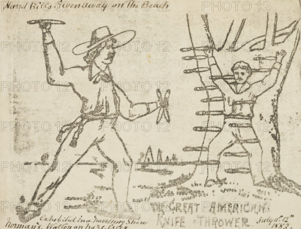 The Great American Knife Thrower, 1883. 'Hand Bills given away on the Beach. Exhibited in a Travelling Show, Norman's, Walton-on-the-Naze, Essex'. Image from a flyer for a travelling show.