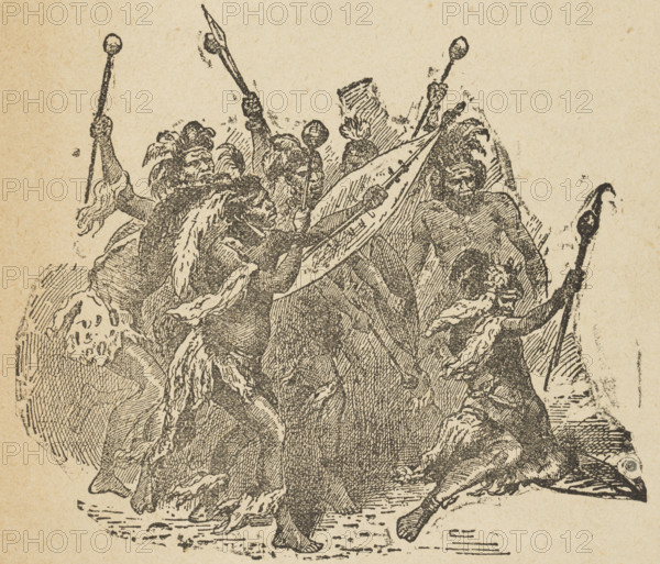 Farini's Friendly Zulus, 1880. Illustration from an advertisement for an attraction at St James' Hall or the Royal Aquarium in London, in which Zulu warriors performed dances and vignettes of traditional ceremonies. William Leonard Hunt, who went by the stage name The Great Farini, brought the group to Britain during the Anglo-Zulu War of 1879.