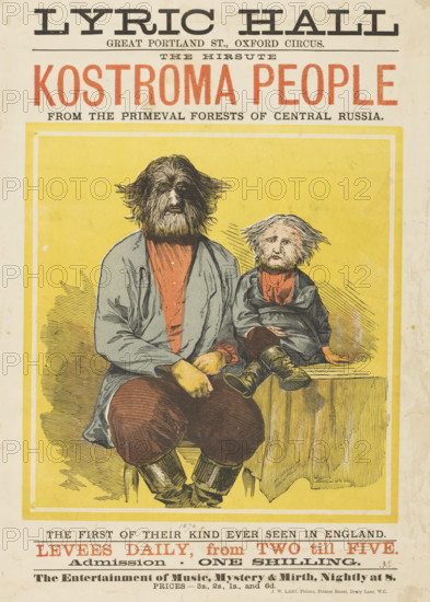 The Hirsute Kostroma People from the Primeval Forests of Central Russia, 1874. 'The First of Their Kind ever seen in England'. Poster advertising an attraction at the Lyric Hall, Great Portland Street, London. A man and boy (Adrian and Feodor) both of whom suffered from extreme hypertrichosis of the face, were exhibited at a freakshow or as part of a variety night.