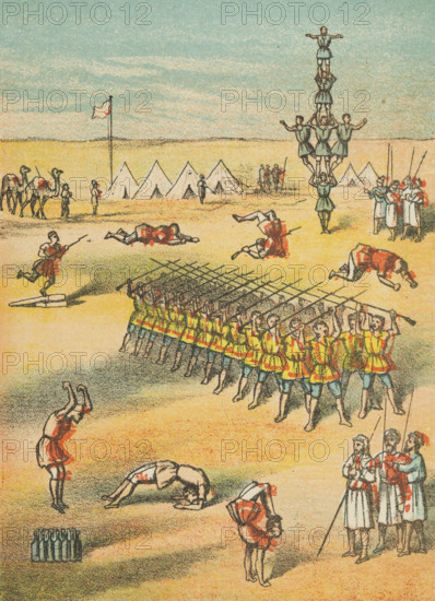 Desert scene with acrobats, soldiers, camels and tents, 19th century.