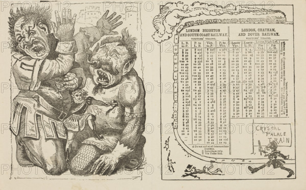 Train timetable and scene from the Crystal Palace pantomime, mid-late19th century. Poster or flier showing the times of trains on the London, Brighton and South Coast, and the London, Chatham and Dover Railways. The illustration shows a scene from a pantomime at the Crystal Palace, which was served by both railway companies.