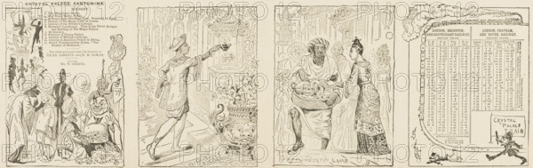 Train timetable and scenes from the Crystal Palace pantomime, mid-late19th century. 'The whole produced under the direction of Oscar Barrett and W. R. Osman. Clown, Mr. W. Orkins'. Poster or flier showing the times of trains on the London, Brighton and South Coast, and the London, Chatham and Dover Railways. The illustrations depict scenes from "Aladdin", at the Crystal Palace, which was served by both railway companies. The stereotyped depictions of non-Europeans reflect racist attitudes of the time.