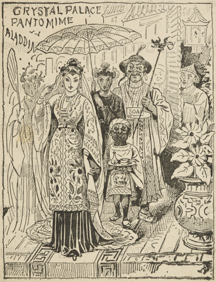 Crystal Palace Pantomime: Aladdin, mid-late19th century. Illustration from a poster or flier advertising "Aladdin", at the Crystal Palace in south-east London. The stereotyped depictions of non-Europeans reflect racist attitudes of the time.