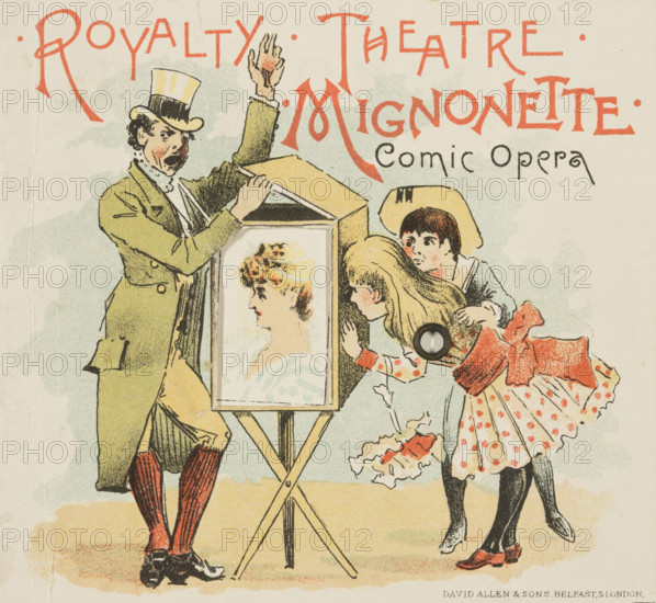 Royalty Theatre - Mignonette - Comic Opera, mid-late 19th century. Publicity for a show at the Royalty Theatre in Westminster, London, depicting children looking inside a magic lantern or similar. The advertisement features four images that rotate on a wheel.