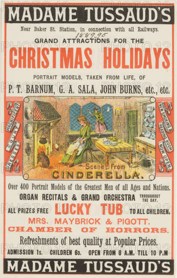 Madame Tussauds Christmas Holidays advertisement, 1889. The show featured over four hundred portrait models of men from various ages and countries around the world
