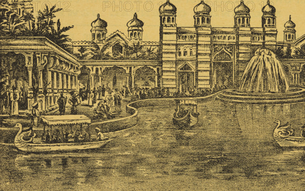 India and Ceylon Exhibition at Earl's Court in London, 1896. Illustration from a flier advertising the show which was put on by Hungarian impresario Imre Kiralfy. The exhibition, which featured the culture and architecture of India and Ceylon, was presented as an uncritical celebration of Indian culture and British colonial rule.