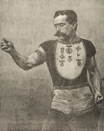 Samson, the Strongest Living Man, 1889. Portrait illustration from a flyer advertising a performance at the Royal Aquarium in London. In the act, spectators were offer £100 if they could perform the same feats as Samson.