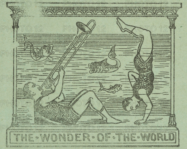 The Wonder of the World, 1891. Playing the trombone underwater. Illustration from a flier advertising Professor Taylor, "The Great Man Fish", performing at Coatham Pier Saloon, Redcar, Yorkshire..