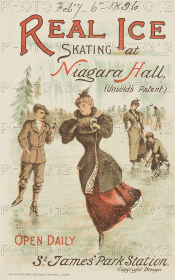 Real Ice Skating at Niagara Hall, Westminster, 1896. Illustrated advertisement for attractions at a London venue which opened in 1881 as the Westminster Panorama. In 1888 it became the Niagara Cyclorama and Museum, exhibiting a cycloramic painting by Paul Philippoteaux called 'Niagara in London', and the building came to be known as Niagara Halls, or simply Niagara.