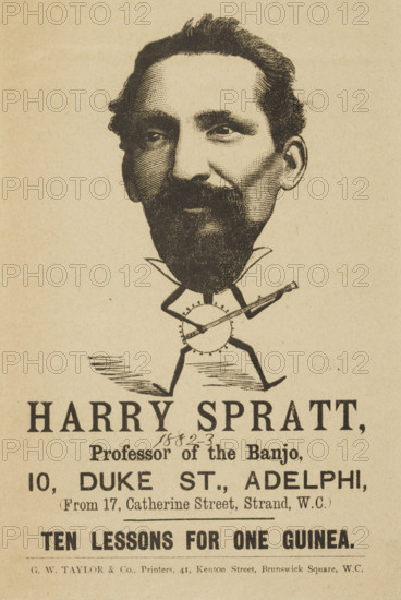 Harry Spratt, Professor of the Banjo, 1882. Illustrated flyer advertising ten banjo lessons for a guinea at 10 Duke Street, Adelphi, London.