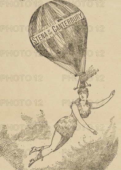 Mademoiselle Stena, balloon performances at the Canterbury Theatre, 1886. Woman hanging from a balloon by her hair.