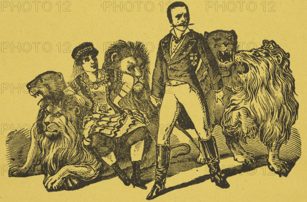 Colonel Boone and Miss Carlotta, American Lion Tamers, 1884. Colonel and Chevalier Edgar Daniel Boone, known as King of Beasts, and his wife Millie, known professionally as Carlotta the Lion Queen. Advertisement for their show at the Canterbury Theatre.