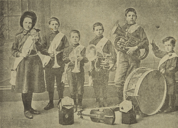 Salvation Army child musicians at Kennington Lane Barracks, London, 1896. Illustration from an advertisement for child musicians known as 'Richards' Musical Midgets'.