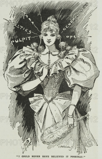 I Could Never Have Believed it Possible!, 1896. 'Drama, Politics, Pulpit, General News, Opera'. Illustration from a flyer advertising a demonstration of the Electrophone, a distributed audio system that operated in the United Kingdom, primarily in London, between 1895 and 1925. Using conventional telephone lines, it relayed live theatre performances, music hall shows, and Sunday church services to subscribers who listened over special headsets. It ultimately failed due to the rise of radio broadcasting in the early 1920s.