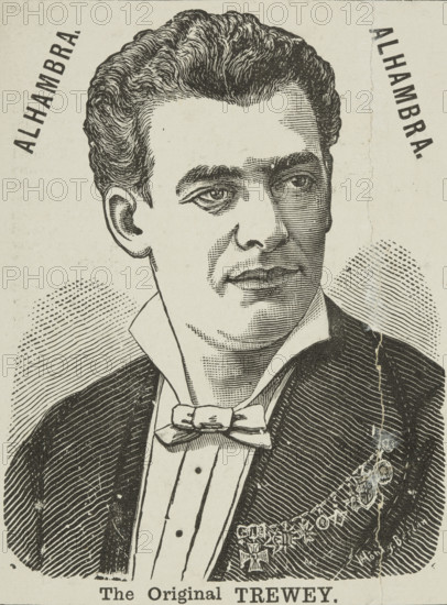 The Original Trewey, 1885. Illustration from a flyer advertising a performance at the Alhambra in London. Monsieur Trewey was famous for his 'Shadowgraph' entertainment. Félicien Trewey, (born Félicien-François Trevey, 1848-1920), was a French magician, mime, comedian, vaudevillian, tightrope walker, balance artist, dancer, musician, chapeaugraphist and shadowgraphist. Shadowgraphy (or ombromanie) is the art of performing a story or show using images made by hand shadows. It can also be called 'cinema in silhouette'.