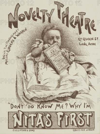 Nita's First at the Novelty Theatre, late 19th century. "Don't 'oo Know Me? Why I'm Nita's First". Advertisement for a stage production: a 'New and Original Farcical Comedy in Three Acts' by T. G. Warren.