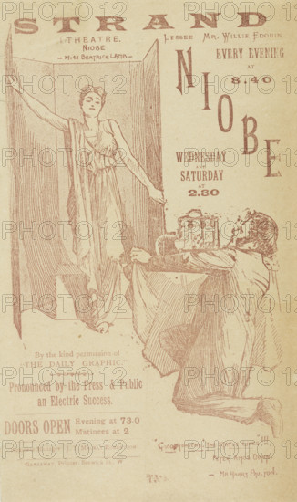Niobe at the Strand Theatre, late 19th century. 'By the kind permission of "The Daily Graphic" - Pronounced by the Press & Public an Electric Success..."Good Heavens! The Statue Lives"!!! Peter Amos Dunn [played by] Mr. Harry Paulton'. Advertisement for a play starring Miss Beatrice Lamb in the title role.