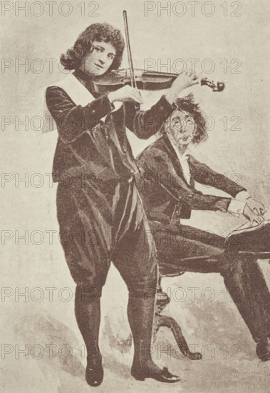 Musicians in "The Little Genius" at the Avenue Theatre, 1896. Illustrated flier advertising a performance.