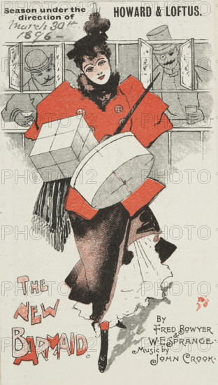 The New Barmaid at the Avenue Theatre, 1896. Advertisement for a stage show by Fred Bowyer and W. E. Sprange, music by John Crook.