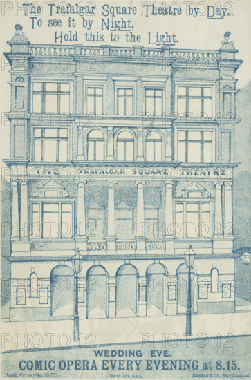 The Trafalgar Square Theatre by Day, late 19th century. 'To see it by Night, Hold this to the Light'. A 'hold to light' print which changes when backlit.